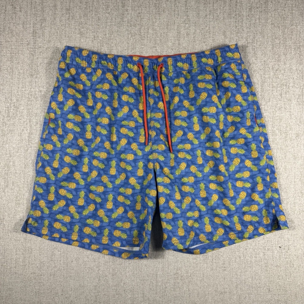 Johnston & Murphy Men's L Swim Trunks Pineapple Print Blue Drawstring Mesh Lined